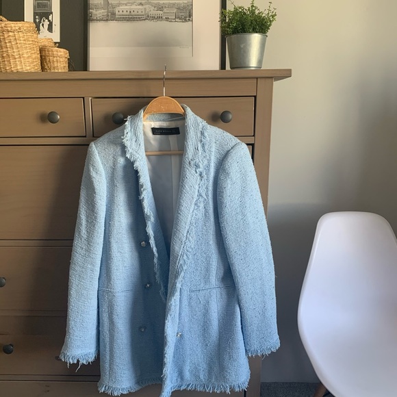Zara Baby Blue Tweed Blazer With Pearl 